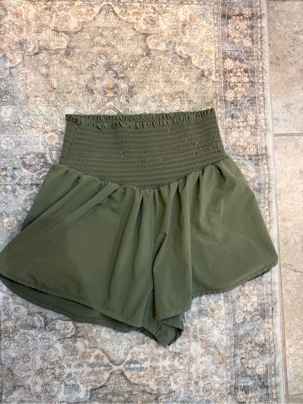 Aerie Offline High-Waist Olive Green Smocked Shorts